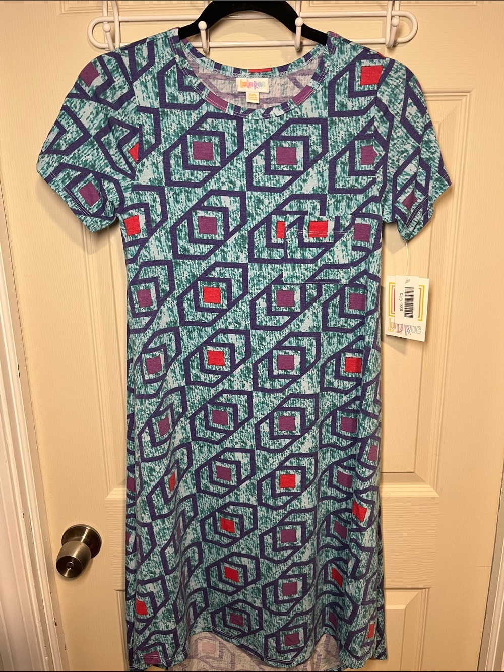 LuLaRoe Teal Geometric High-Low Dress with Purple and Red Accents
